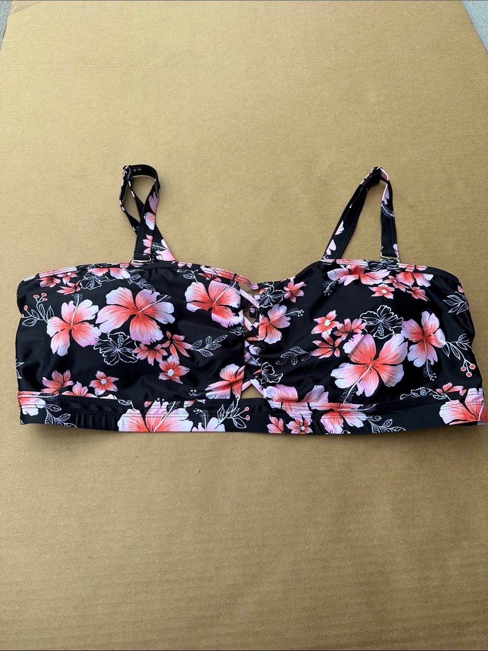 Black Floral Bandeau Top with Coral & Pink Blooms